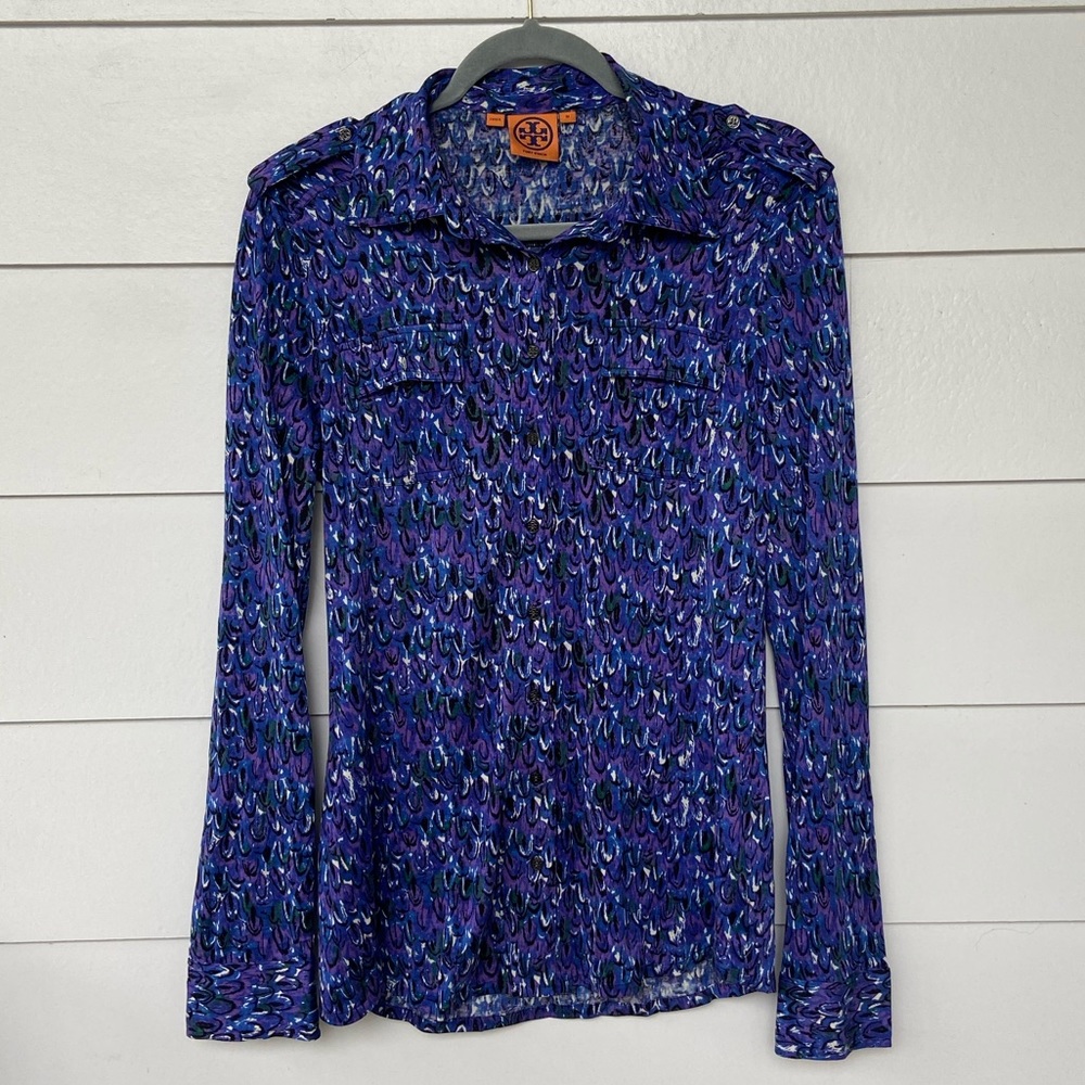 Tory Burch Silk Print Button Down Medium Blouse